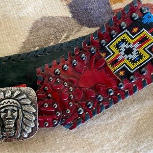 KURT MEN KURTMEN Incredible Native Hand Beaded Leather Belt w/ Indian Buckle
